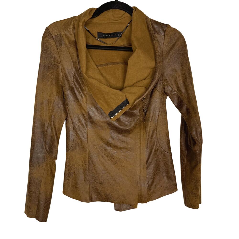 Zara Womens XS Brown Tan Faux Burnished Leather Asymmetrical Jacket Lightweight